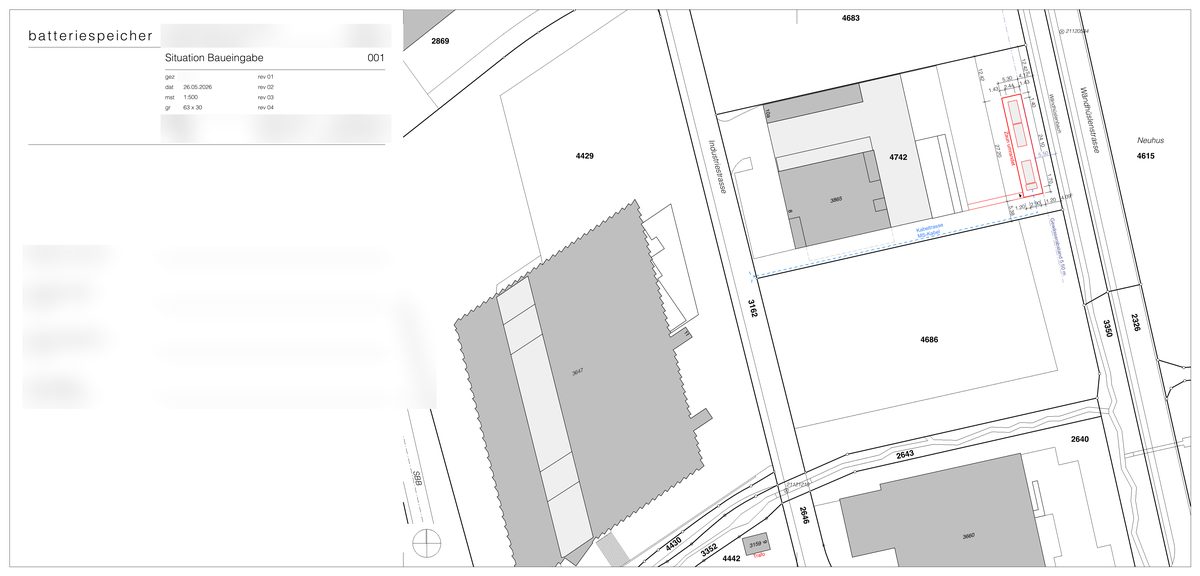 Situationsplan des Baugesuchs, Massstab 1 zu 500