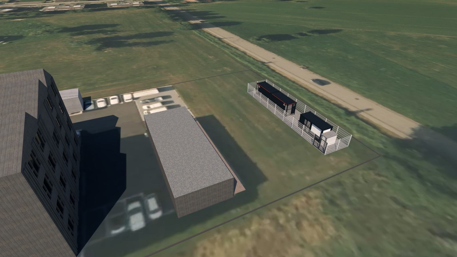 Visualisierung 3 von 6: Blick über das Areal — Rund fünfzehn Meter zum nächsten Gebäude — kein zufälliges Mass, sonde