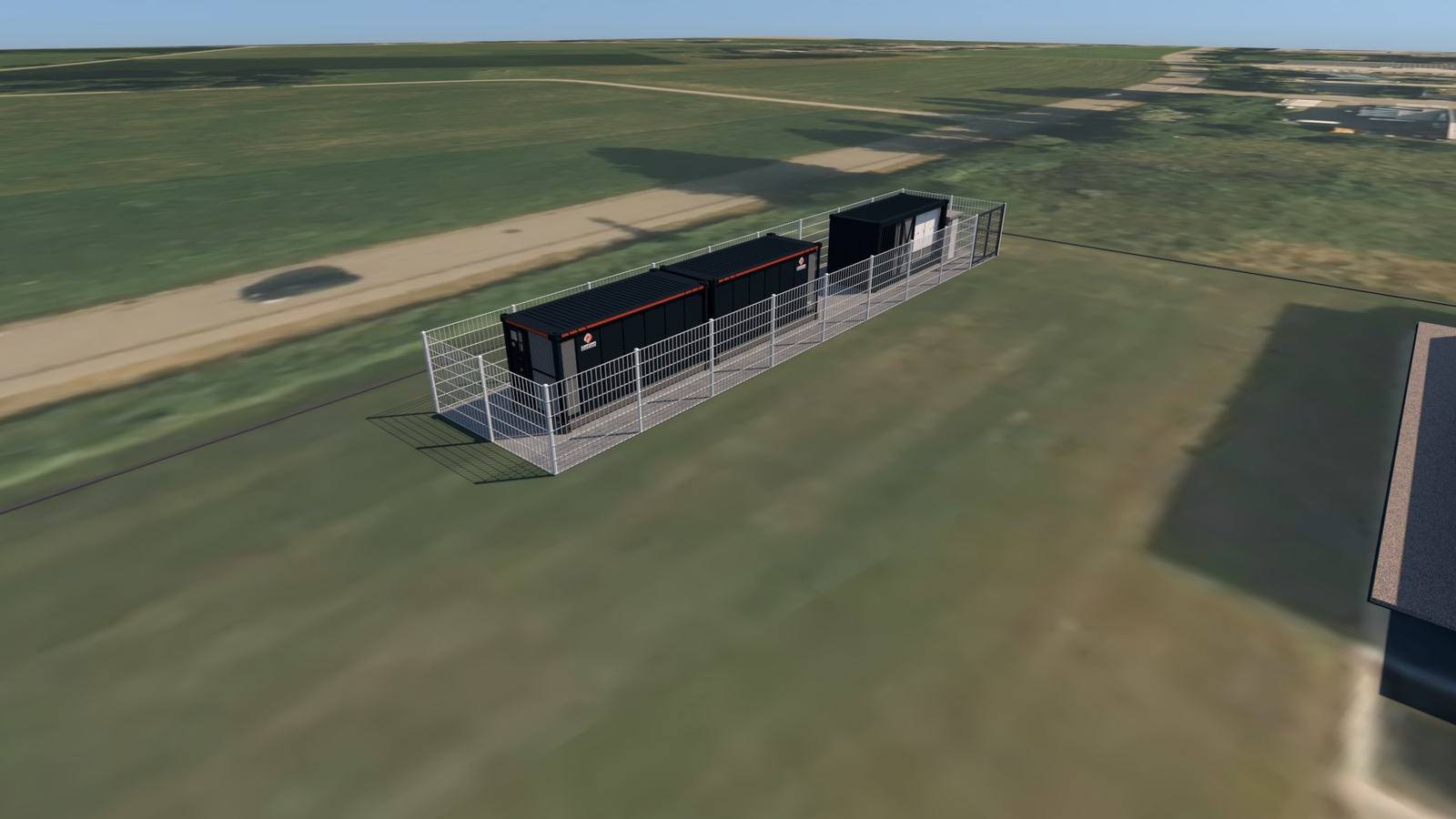 Visualisierung 5 von 6: Von der Feldseite — Drei Container im 20-Fuss-Mass, je 6.06 auf 2.44 Meter, dazu die Mitte